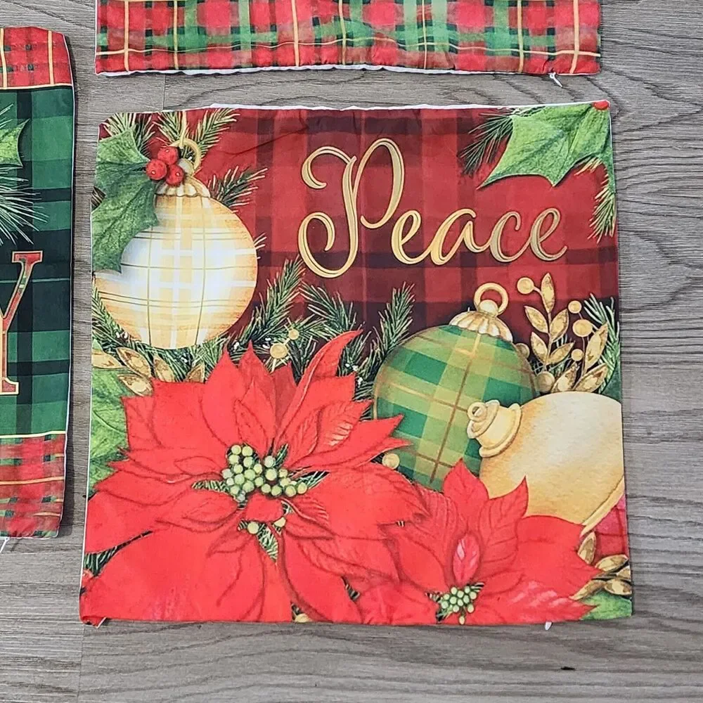 Christmas Throw Pillow Covers 18 x 18 Red & Green Plaid Pattern Set of 4 NEW
